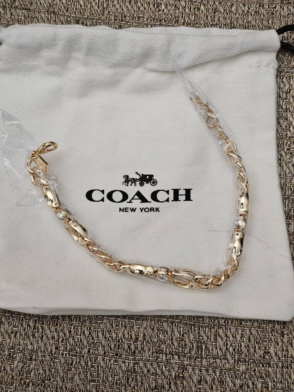 Coach Gold Mixed Link Rope Chain Statement Bracelet Pearl -Pouch Box NWOT